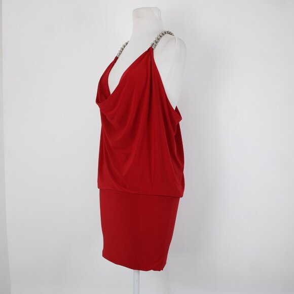 Cache Sz XS Red Silver Beads Racer Back Draped Polyester Spandex Dress - Picture 4 of 14